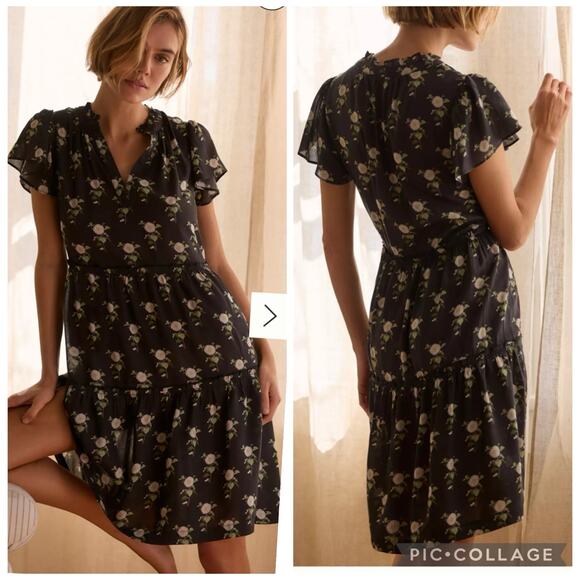 Anthropologie Black Daisy Floral Dress Small Sheer Mini V Neck Ruffle Sleeve - Picture 1 of 14